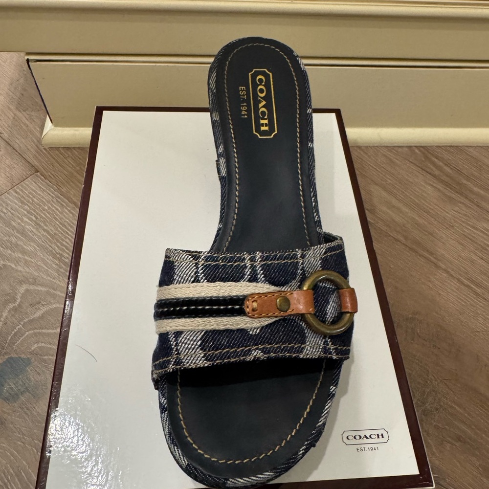 Coach Blue Denim Wedge Sandals with Buckle, used but like new in box, size 7.5 M - Picture 3 of 3